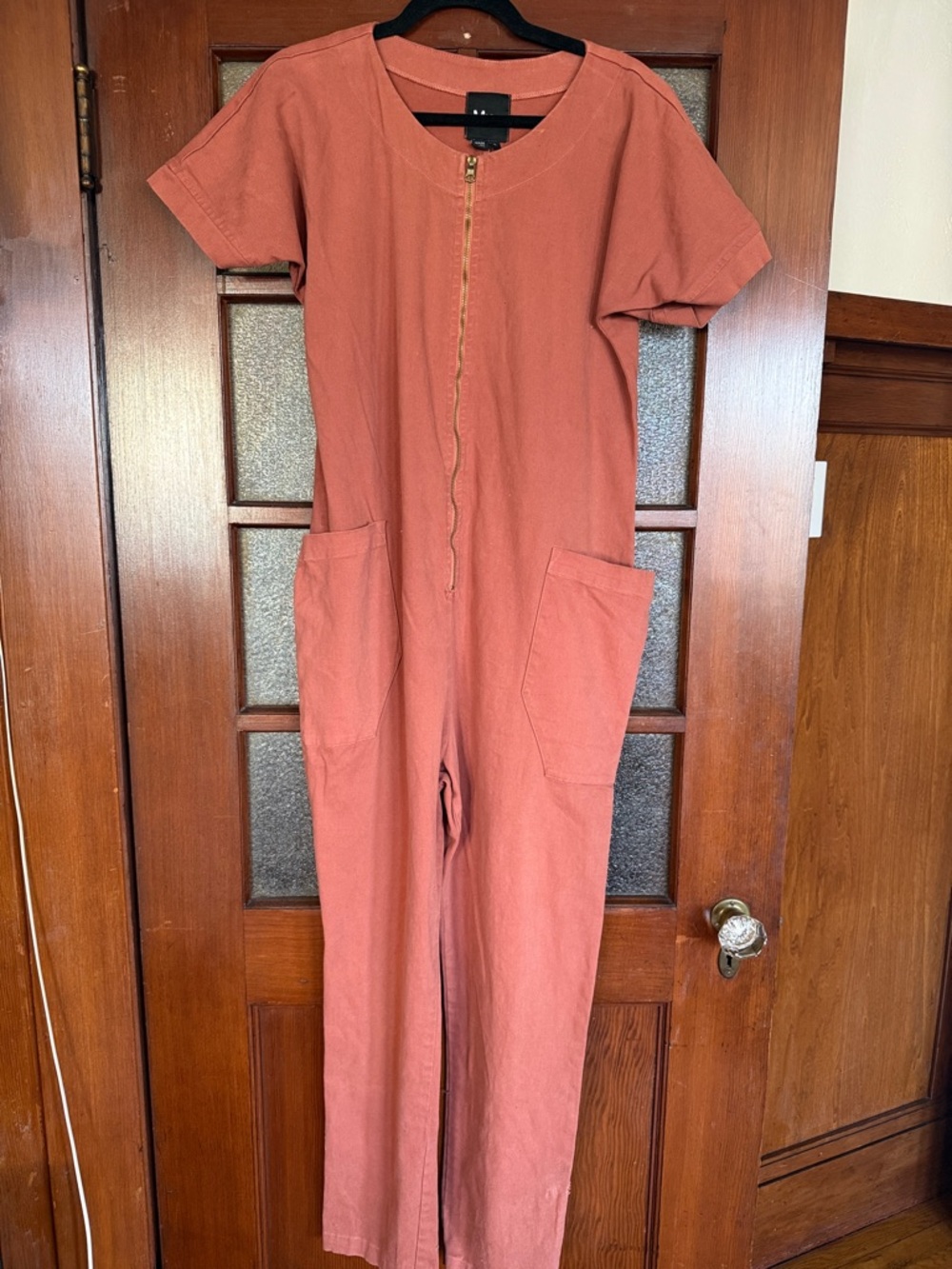 Mien Women's Rust Short-Sleeve Zip-Front Cotton Jumpsuit with Patch Pockets